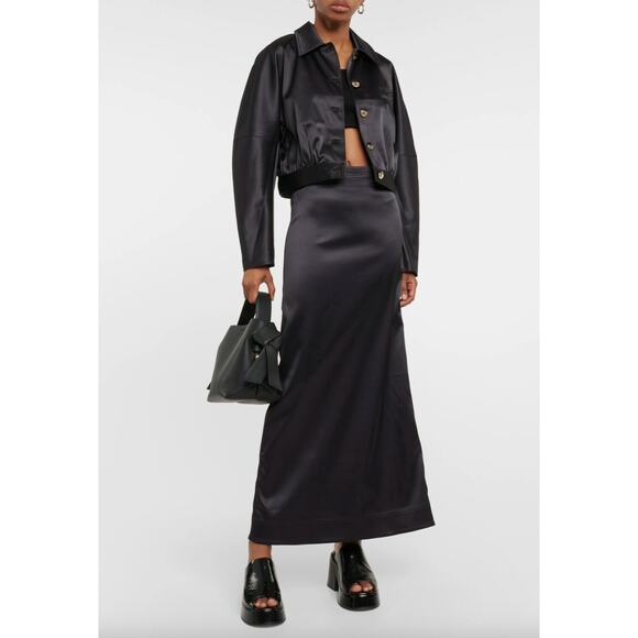 GANNI Satin Black Bomber Jacket Long Sleeve Front Button Straight Hem Size 38 - Picture 10 of 10